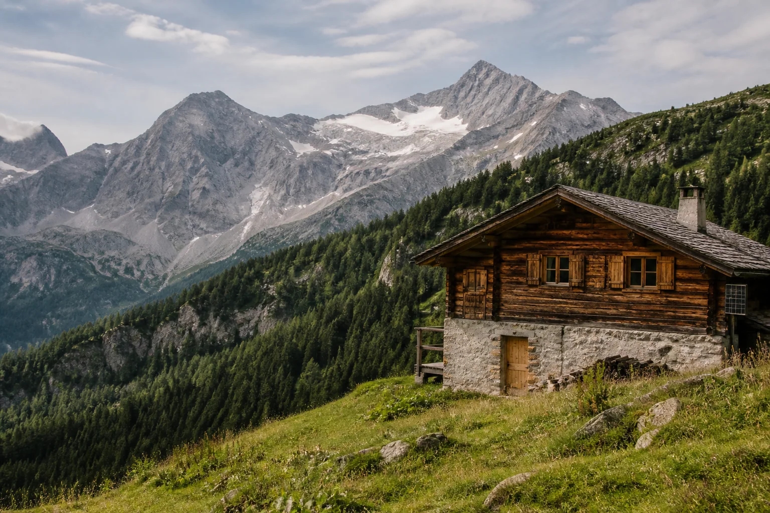 Traditionelle Berghütte vor einer natürlichen Alpenkulisse