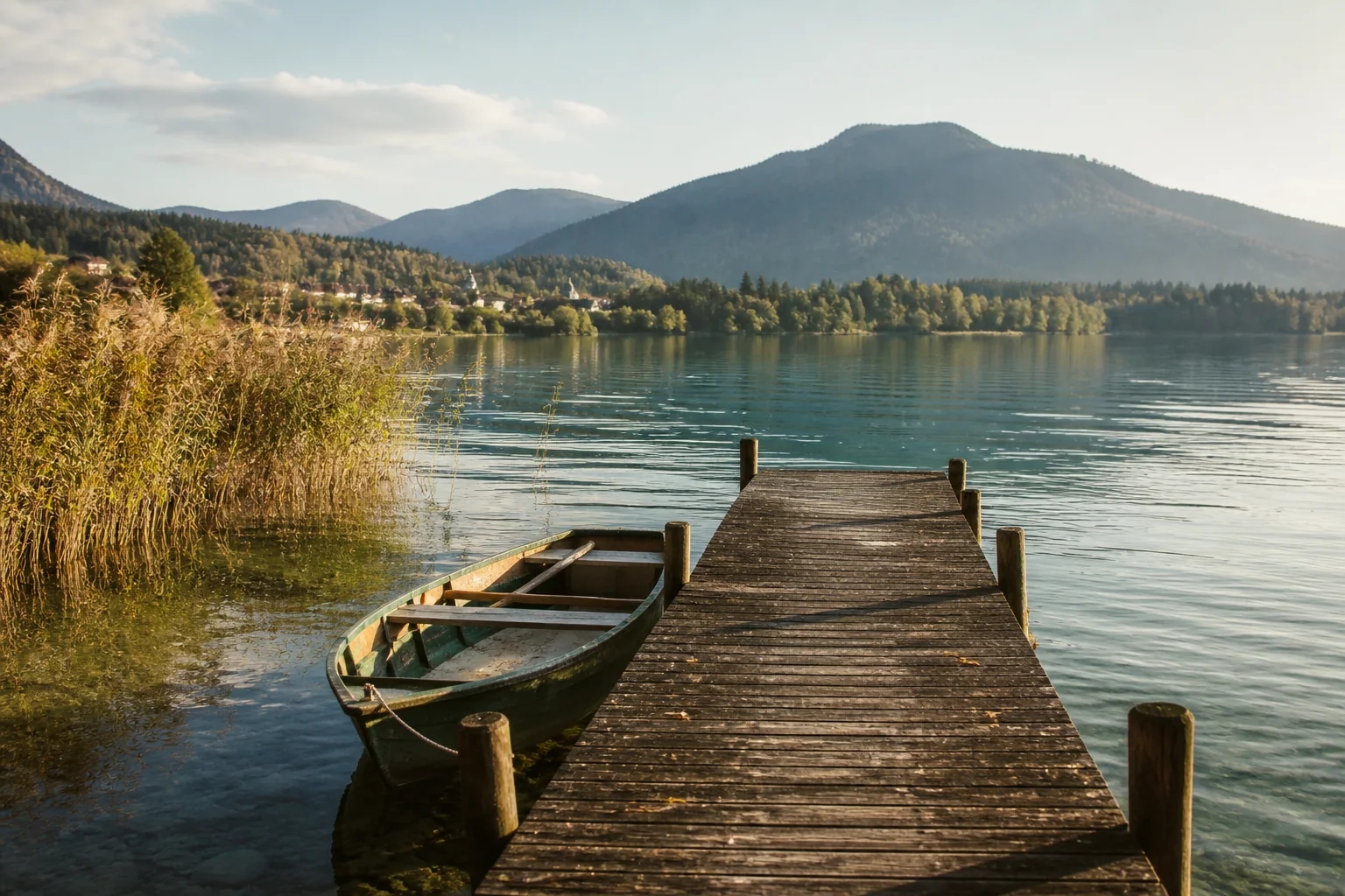 Ruhiger Voralpensee mit Holzsteg und Ruderboot